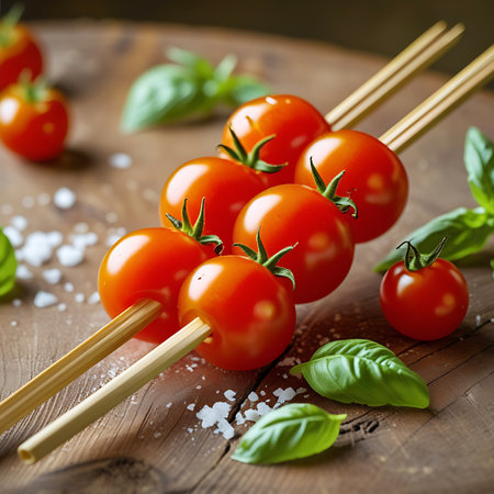 Close-up view of cherry tomatoes on skewers, interspersed with fresh basil leaves and scattered sea salt on a wooden surface.の素材