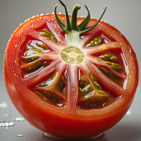 A detailed view of a ripe red tomato cut in half, showcasing its wet interior filled with seeds and pulp.の素材