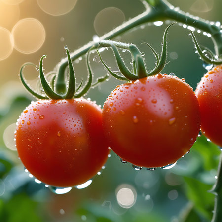 Ripe red tomatoes covered in water droplets hang from a vine, with soft bokeh lights in the background.の素材