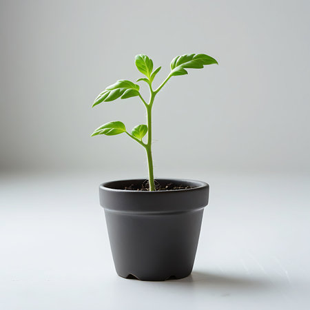 A young green plant with bright, healthy leaves is centered in a dark gray pot against a white backdrop, showcasing its early growth.の素材