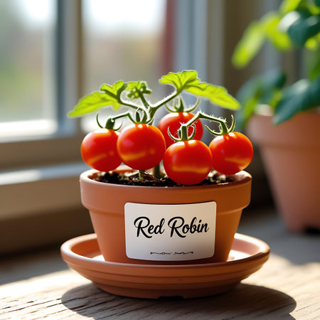 A small Red Robin tomato plant with five ripe red tomatoes in a terracotta pot sits on a windowsill bathed in sunlight.の素材