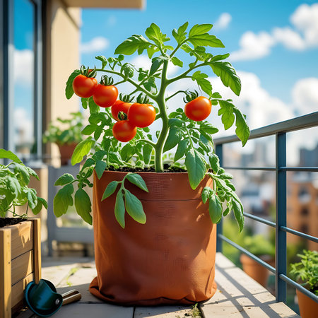 A close-up of a tomato plant with ripe red tomatoes in a brown fabric pot on a balcony, with a city view and blue sky.の素材