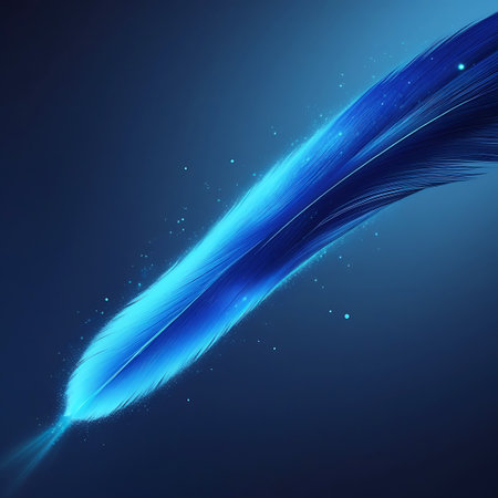 A luminous blue feather floats diagonally in a dark expanse, surrounded by tiny, sparkling particles and soft light.の素材