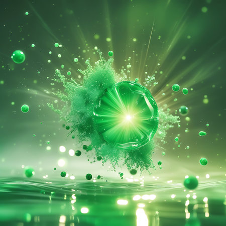 A glowing green sphere is surrounded by exploding particles and bright light rays, set against a fluid surface.の素材