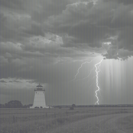 A white lighthouse stands tall against a dramatic, stormy sky as lightning strikes nearby, casting a bright flash.の素材
