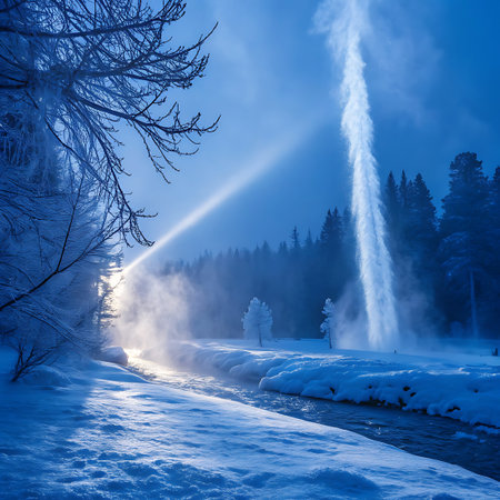 A steaming waterfall creates a tall plume of mist in a frosty winter forest. Sunbeams cut through the air, illuminating the snowy landscape.の素材