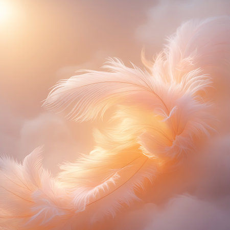 Soft peach feathers drift and swirl in a sunlit sky, creating a warm, ethereal, and dreamy scene. Clear details and vibrant colors enhance visual appeal.の素材