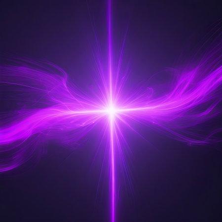 Abstract purple light with swirling trails emanating from a bright, central starburst against a dark backdrop.の素材