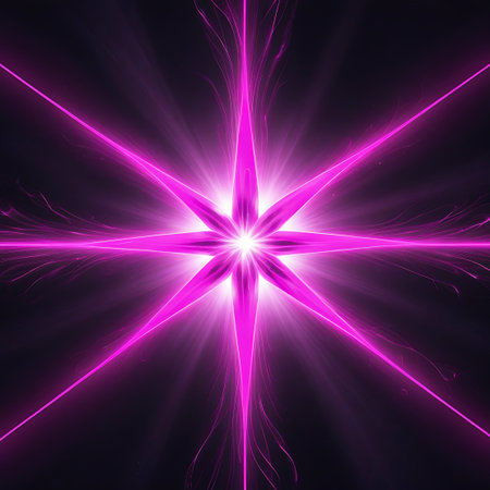 A symmetrical pink starburst radiates bright light outwards with subtle glowing tendrils against a dark background.の素材