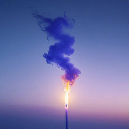 A tall, thin candle flame emits a large plume of blue and purple smoke against a soft gradient sky. Clear details and vibrant colors enhance visual appeal.の素材