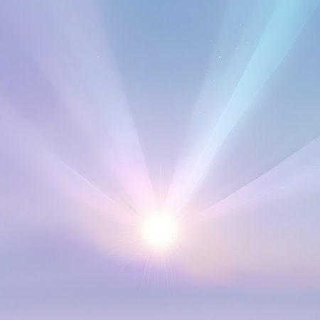 A soft pastel sky with radiant light beams emanating from a bright sun at dawn, with subtle stars visible.の素材