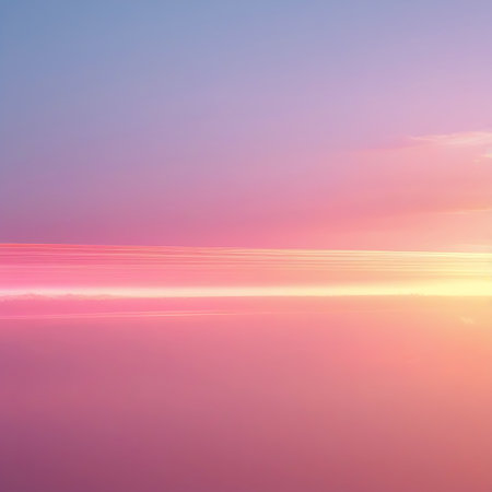 A soft gradient sky transitions from pale blue to pink and yellow with horizontal light streaks across the horizon.の素材