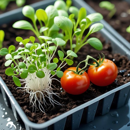 Tomato seedlings with exposed white roots and two ripe red tomatoes are nestled in dark soil in a gray tray.の素材