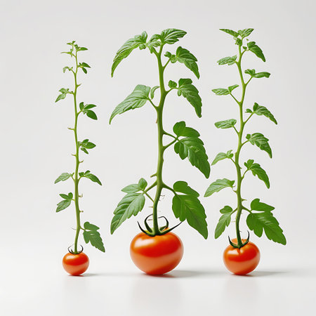 Plant showing tomato plants growing from ripe tomatoes on white background. High resolution image suitable for commercial use.の素材