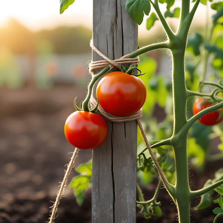 Two ripe red tomatoes are tied with twine to a weathered wooden stake in a garden, with soft sunlight in the background.の素材