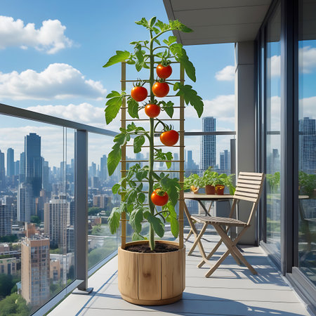 A tomato plant in a pot is on an urban balcony with a city skyline and outdoor furniture, under a blue sky with clouds.の素材