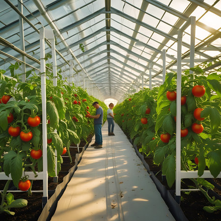 Two men stand in the aisle of a bright greenhouse, inspecting rows of green tomato plants with developing red fruit.の素材