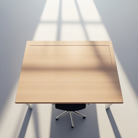 An overhead view of a square wooden desk and a black swivel chair, with dramatic sunlight and shadow patterns on the floor.の素材