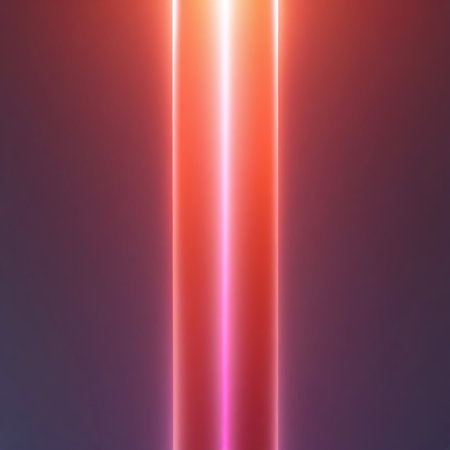 A sharp, vertical beam of neon pink and red light glows against a dark, muted gradient background. Clear details and vibrant colors enhance visual appeal.の素材