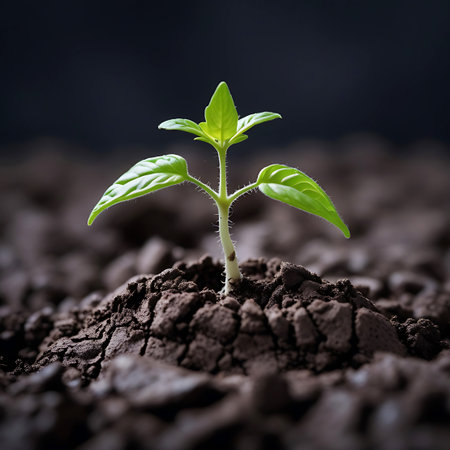 Through showing vibrant green seedling pushing through dark earth. High resolution image suitable for commercial use.の素材