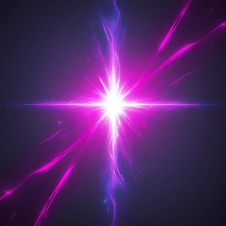 A brilliant white and pink starburst radiates outwards, with pink and blue energy streaks and particles against a dark purple background.の素材