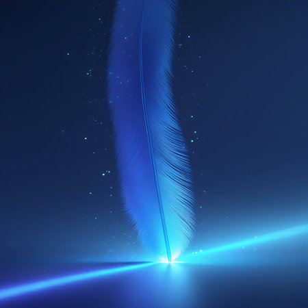 A vertical blue feather stands illuminated by a bright horizontal beam of light, casting reflections on a dark surface.の素材