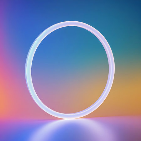 A single, softly glowing ring is centered against a smooth pastel gradient background, with a subtle reflection on the surface.の素材