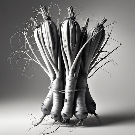 A monochrome still life of a bundle of fresh parsnips, tied together with twine, showcasing their roots and stems.の素材