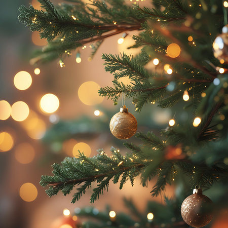 A detailed shot of a Christmas tree branch featuring gold baubles and soft golden bokeh lights, creating a warm and festive holiday scene.の素材