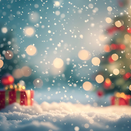 Red and green Christmas gifts sit in the snow with blurred festive lights and falling snowflakes in the background.の素材
