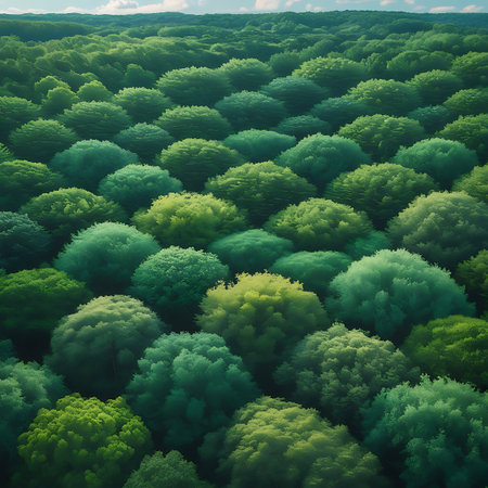 An expansive view of a forest landscape features neat rows of round, green tree tops under a bright, cloudy sky.の素材