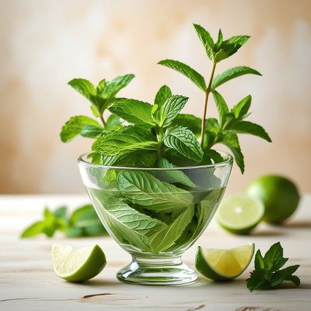 A glass bowl filled with fresh mint leaves and water, surrounded by lime slices and more mint on a wooden surface.の素材