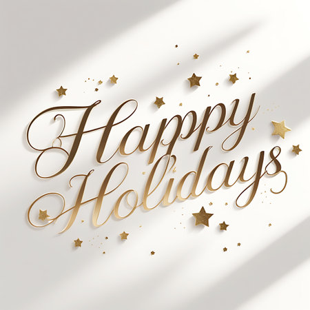 Golden script "Happy Holidays" with a subtle shadow, surrounded by glittering golden stars and soft light effects on a white background.の素材