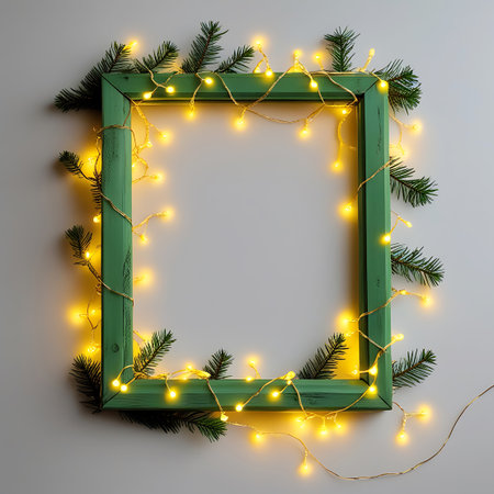 A rustic green wooden picture frame is adorned with pine branches and warm yellow fairy lights, creating a festive border.の素材