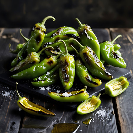A generous serving of grilled green peppers, seasoned with salt and glistening with olive oil, is arranged on a dark wooden surface.の素材