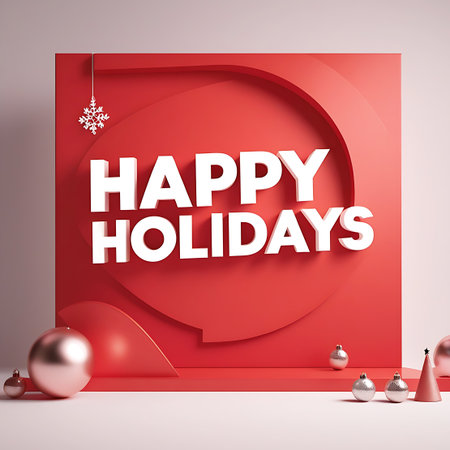 3D white text HAPPY HOLIDAYS on a red background with abstract shapes and Christmas ornaments. Clear details and vibrant colors enhance visual appeal.の素材