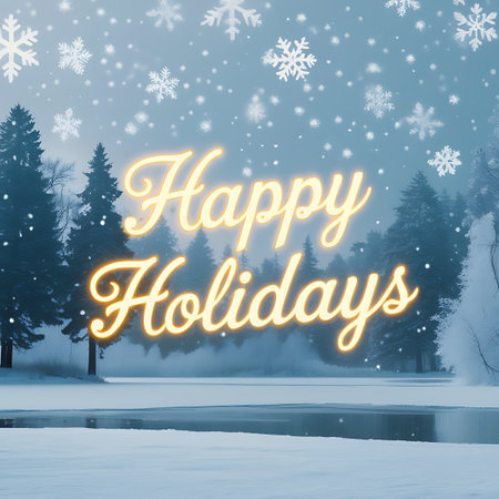 A festive "Happy Holidays" message appears in glowing text over a serene winter scene featuring a frozen lake and snow-covered trees.の素材
