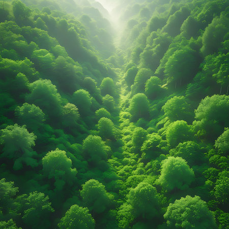 An aerial view of a dense, lush green forest valley with sunlight streaming through the tree canopy, creating a serene atmosphere.の素材