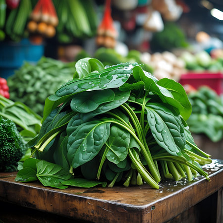 A generous pile of fresh, wet spinach leaves sits on a wooden stall at a bustling produce market, showcasing vibrant green produce.の素材