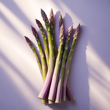 A bunch of asparagus with both purple and green stalks, arranged on a pastel purple surface with dramatic shadows.の素材