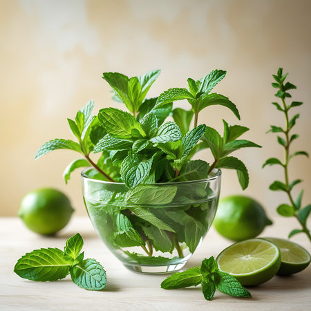 Mint showing fresh mint and limes in a glass bowl on a wooden surface. High resolution image suitable for commercial use.の素材