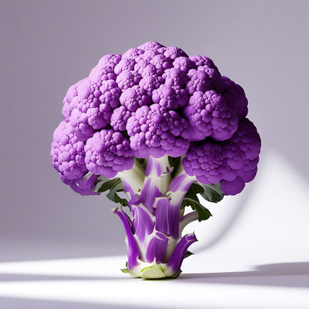 A bright purple cauliflower with visible green leaves and stems, isolated on a white background. Clear details and vibrant colors enhance visual appeal.の素材
