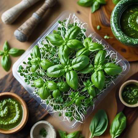 Garden showing basil sprouts in plastic container with pesto and mortar keywords: basil, sprouts, microgreens, herb, plant, seedling, growing, fresh, green, leaves, roots, soil, container,...の素材