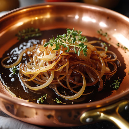Sliced caramelized onions with fresh thyme sprigs are glistening in a dark sauce within a copper pan.の素材