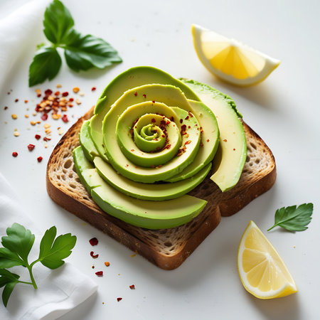A slice of toast topped with avocado arranged as a rose, sprinkled with chili flakes, and accompanied by lemon slices and parsley.の素材