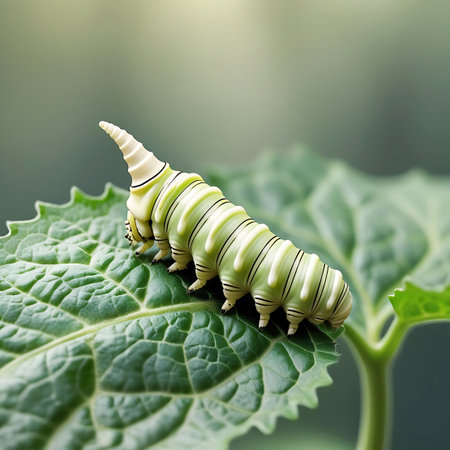 A bright green caterpillar with white stripes and a pointed tail is crawling on a textured green leaf.の素材