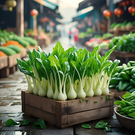 A wooden crate overflowing with fresh bok choy sits on a wet cobblestone ground at an outdoor market, with blurred stalls and lanterns in the background.の素材