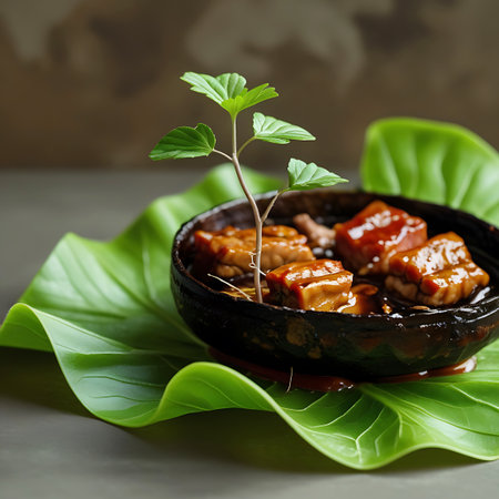 Braised meat cubes in a dark bowl rest on a large, vibrant green leaf. A small seedling with roots emerges from the dish.の素材