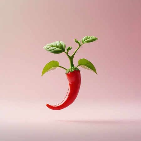 A bright red chili pepper with a curved shape is connected to a thin stem with green leaves, presented against a soft pink background.の素材