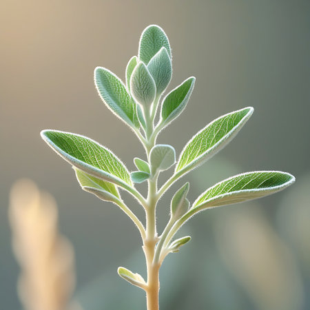 A close-up of a delicate young plant with fuzzy green leaves and buds, illuminated by soft, diffused light creating a gentle bokeh effect.の素材